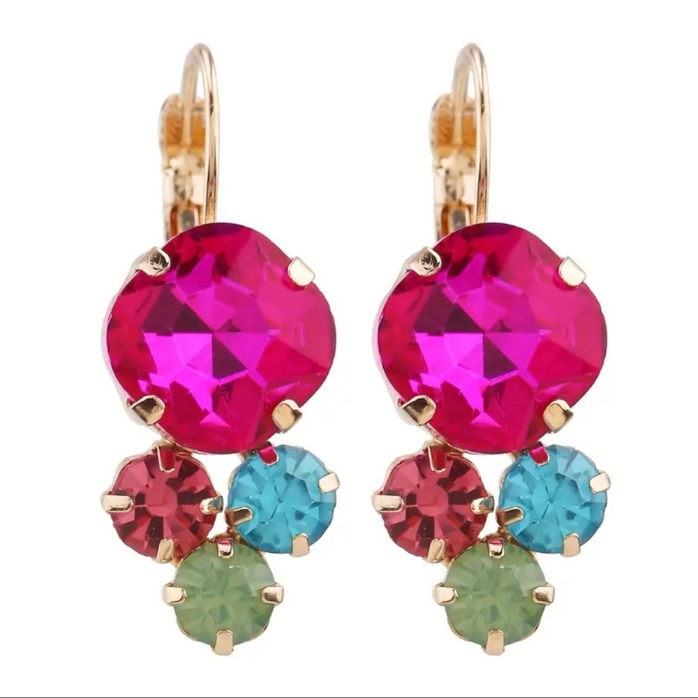 Glamorous Hot Pink, Green, Blue Lever-back Gold Plated Dangle Hoop Earrings